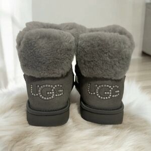 UGG Classic Mini Sparkle Swarovski Logo Gray Sheepskin Ankle Bootie Boots